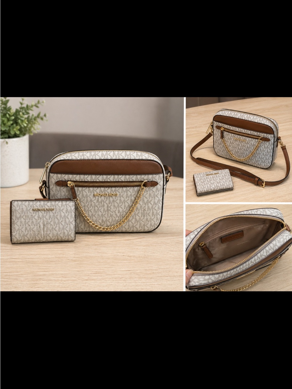 Michael Kors Beige & Brown MK Monogram Crossbody with Wallet Set